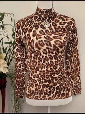 Leopard-Print Mock Neck Long Sleeve Top - Brown/Cream